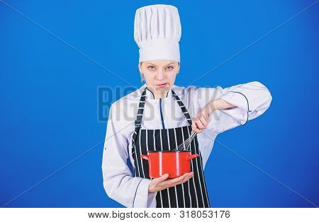 Use Hand Whisk. Kitchen Utensils Concept. Best Whipping Techniques. Woman Chef Hold Whisk And Pot. W