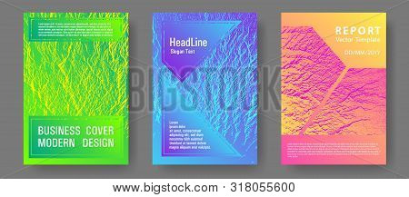 Booklet Design Vector Layouts Set. Pink Blue Green Rainbow Waves Textures. Geometric Creative Soluti