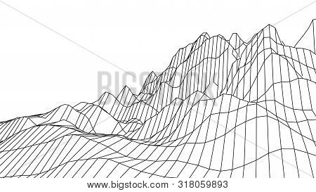 Wireframe 3D Landscape Mountains. Wireframe Landscape Wire. Cyberspace Grid. Vector Illustration.