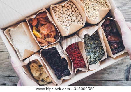 Zero Waste Delivery Concept. Eco-friendly Packing. Paper Bags With Organic Food, Zero Waste Shopping