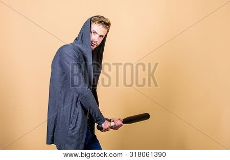 Sportsman Strong Looks Threatening With Bat. Aggression Masculinity Strong Temper. Bully Mood. Bad B
