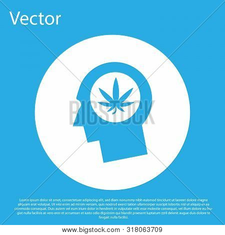 Blue Silhouette Of Male Head In Profile With Marijuana Or Cannabis Leaf Icon Isolated On Blue Backgr