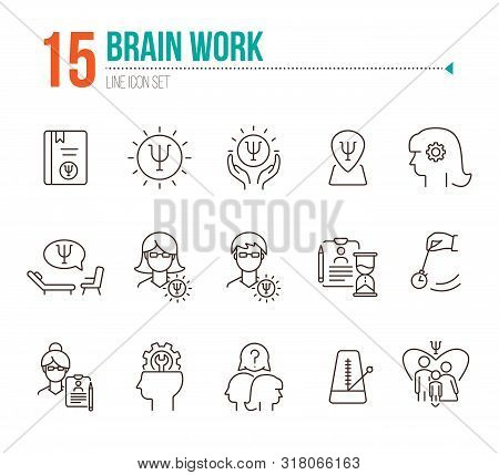 Brain Work Line Icon Set. Human Head, Gear, Psychologist Office. Psychology Concept. Can Be Used For