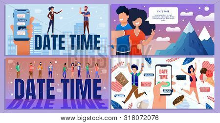 Date Time For Business, Holidays, Weekends Cartoon Banner Set. Happy People Characters Meeting, Havi