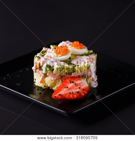 Round Salad Made Of Red Fish Potato And Avocado