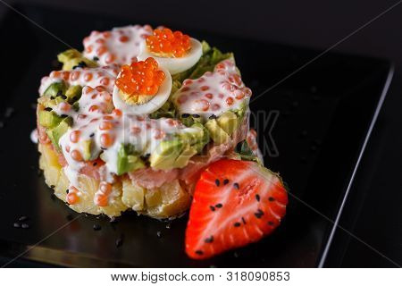 Round Salad Made Of Red Fish Potato And Avocado