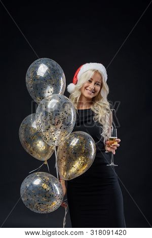 Brightfull Expressions Portrait Of Happy Emotions Girl In Santa Hat Celebrating Christmas Party On B