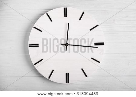 Top View Of Wooden Clock With Out Watch Hands, Time No Time Concept, Wooden Desk Space To Put Copy W