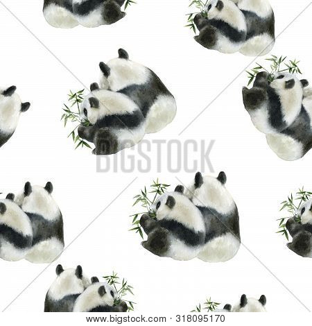 Panda Bear Drawn Watercolor Illustration. Seamless Pattern.