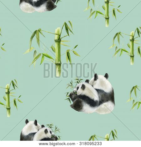 Panda Bear Drawn Watercolor Illustration. Seamless Pattern.