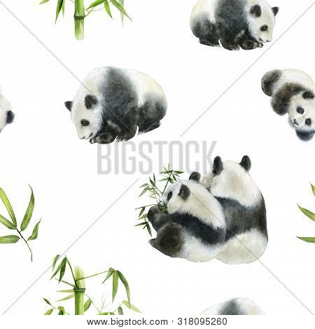 Panda Bear Drawn Watercolor Illustration. Seamless Pattern.