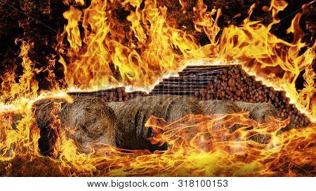 Conflagration Over Beaten Wood And Hay Bales