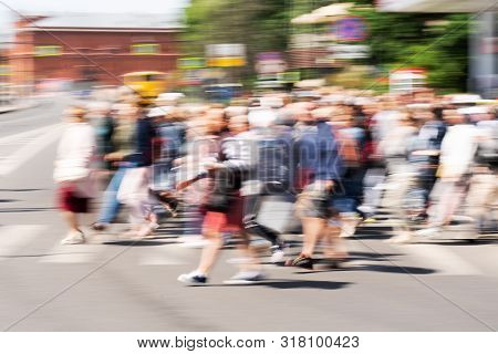 Blured Crowd Of People Walking On The Busy City Street. Motion Blured People. Slow Shutter Speed. Pe