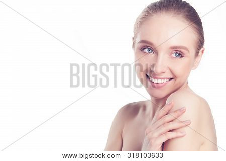 Portrait Of Beautiful Woman With Natural Make Up On White Background