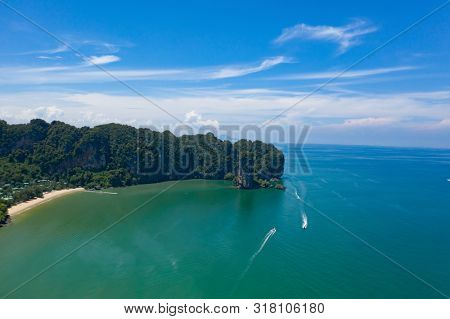 Travel vacation background - Aerial view of Railay beach, one of the most famousm, luxurious beach of Krabi, Thailand.