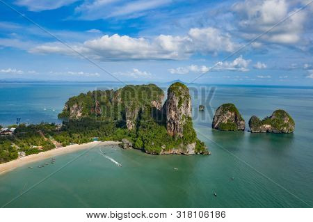 Travel vacation background - Aerial view of Railay beach, one of the most famousm, luxurious beach of Krabi, Thailand.