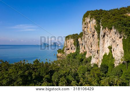 Travel vacation background - Aerial view of Railay beach, one of the most famousm, luxurious beach of Krabi, Thailand.