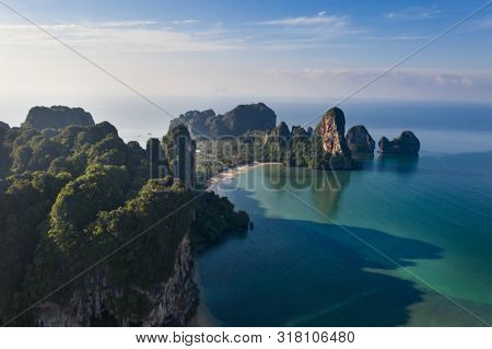 Travel vacation background - Aerial view of Railay beach, one of the most famousm, luxurious beach of Krabi, Thailand.