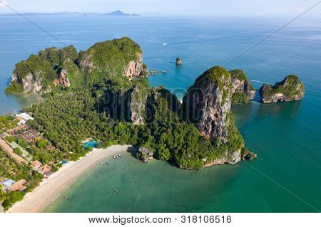 Travel vacation background - Aerial view of Railay beach, one of the most famousm, luxurious beach of Krabi, Thailand.
