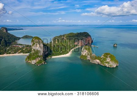 Travel vacation background - Aerial view of Railay beach, one of the most famousm, luxurious beach of Krabi, Thailand.