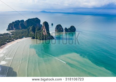 Travel vacation background - Aerial view of Railay beach, one of the most famousm, luxurious beach of Krabi, Thailand.