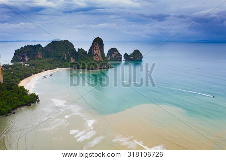 Travel vacation background - Aerial view of Railay beach, one of the most famousm, luxurious beach of Krabi, Thailand.
