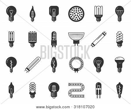 Light Bulb Icons Set. Sign Kit Of Glass Lamp. Lightbulb Pictograms Of Modern Shape, Electricity Powe