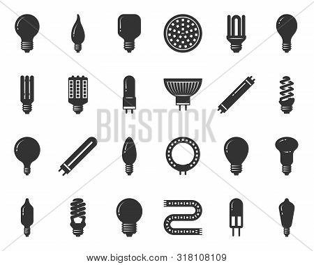 Light Bulb Icons Set. Sign Kit Of Glass Lamp. Lightbulb Pictograms Of Modern Shape, Electricity Powe