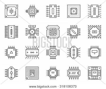 Microchip Thin Line Icon Set. Outline Web Sign Kit Of Cpu. Pcb Linear Icons Of Abstract Circuit, Hi 