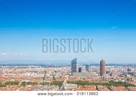 Aerial Panoramic View Of Lyon With The Skyline Of Lyon Skyscrapers Visible In Background And Saone R