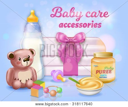 Baby Care Accessories Set On Blue Background, Wrapped Stack Of Diapers, Teddy Bear, Feeding Bottle W
