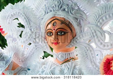 Kolkata, West Bengal, India - 7th October 2018 : Clay Idol Face Of Goddess Durga, With White Dress F