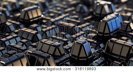 Abstract Geometric City Background With Reflective Cubic Metal Tiles Pattern And Bokey, Close-up Vie