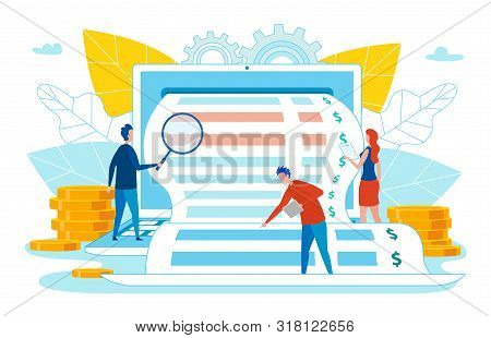 People Researching Or Checking Business Receipt Flat Cartoon Vector Illustration. Male Character Hol