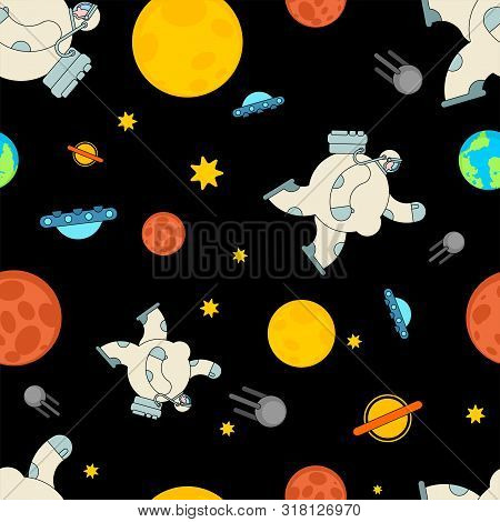 Fat Astronaut Space Pattern Seamless. Thick Cosmonaut Background. Stout Spaceman Ornament. Universe 