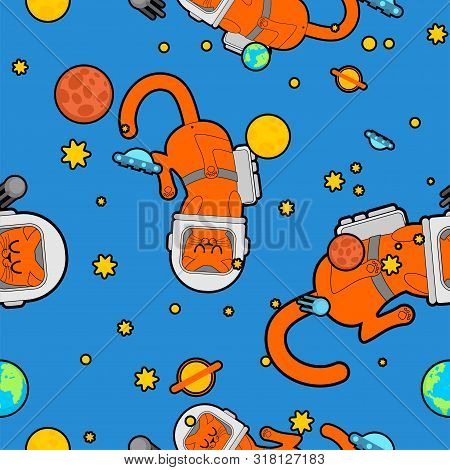 Cat Astronaut Space Pattern Seamless. Pet Spaceman Background. Kitty Cosmonaut Costume. Universe Bab