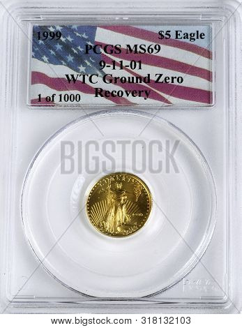 Dallas, Texas - Aug.14,2019  A 1999 Five Dollar Gold Eagle Coin Found In The Rubble Of The World Tra