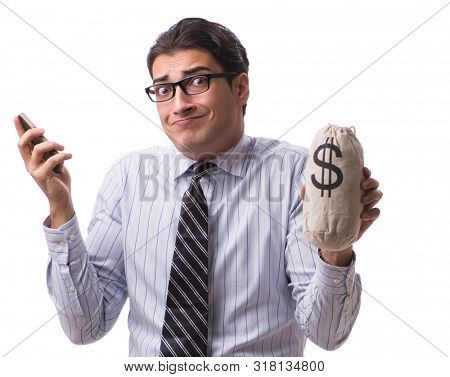 Young businessman with money sack isolated on white background