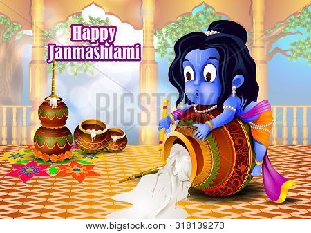 Lord Krishna Eating Makhan Cream On Happy Janmashtami Holiday Indian Festival Greeting Background