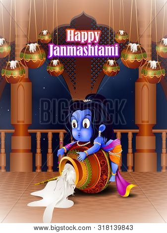 Lord Krishna Eating Makhan Cream On Happy Janmashtami Holiday Indian Festival Greeting Background