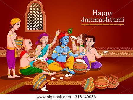 Lord Krishna Eating Makhan Cream On Happy Janmashtami Holiday Indian Festival Greeting Background