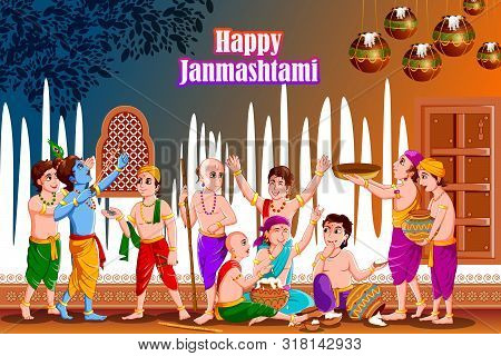 Lord Krishna Eating Makhan Cream On Happy Janmashtami Holiday Indian Festival Greeting Background