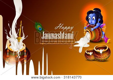 Lord Krishna Eating Makhan Cream On Happy Janmashtami Holiday Indian Festival Greeting Background