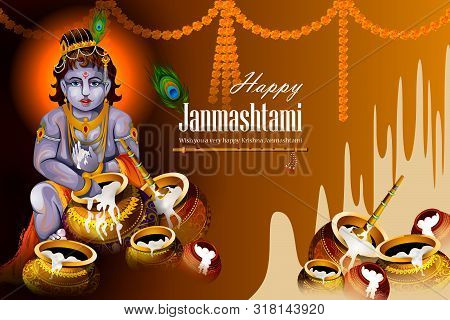 Lord Krishna Eating Makhan Cream On Happy Janmashtami Holiday Indian Festival Greeting Background