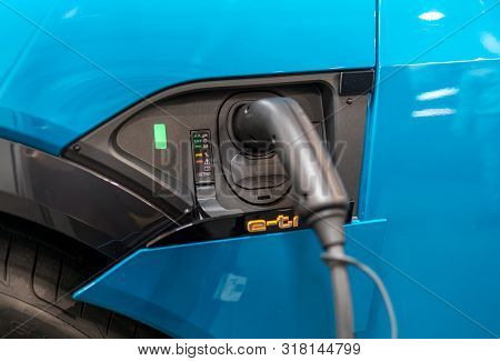 Cracow, Poland - May 18, 2019: Plug-in System Of The Audi E-tron Electric Automobile  Displayed At M