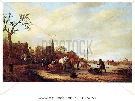 USSR - CIRCA 1982: Postkort trykt i USSR viser lodtrækningen af Isaac van Ostade (1621-1649) 