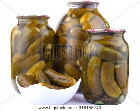 Salted Cucumbers In Jars Isolated, Pickled Gherkins Close-up