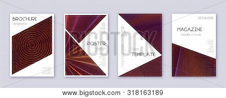 Triangle Brochure Design Template Set. Orange Abstract Lines On Wine-red Background. Breathtaking Br