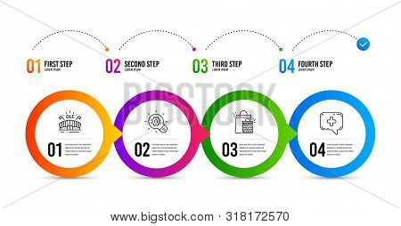 Shopping Bags, Sports Arena And Cogwheel Line Icons Set. Timeline Infographic. Medical Chat Sign. Sa