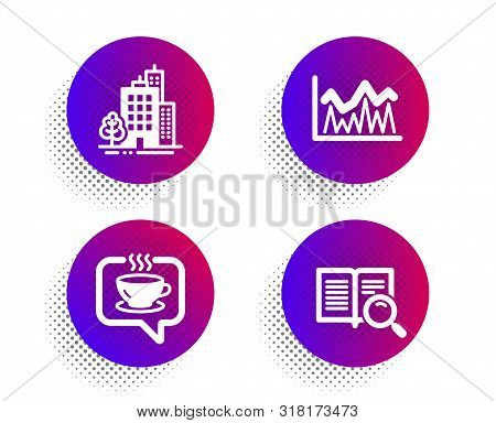 Buildings, Coffee And Investment Icons Simple Set. Halftone Dots Button. Search Text Sign. City Arch